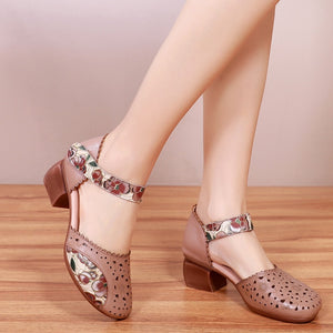 Women Genuine Leather Retro Hollow Out Sandals