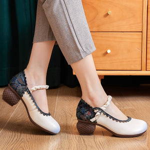 Women Retro Handmade Floral Genuine Cow Leather Shoes