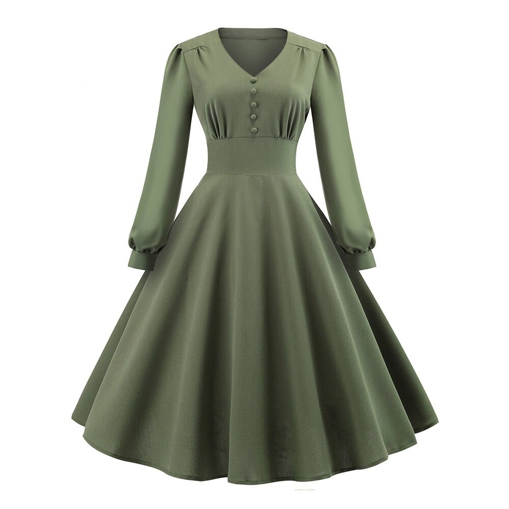 Women Vintage Bishop Sleeve V-Neck Swing Dress