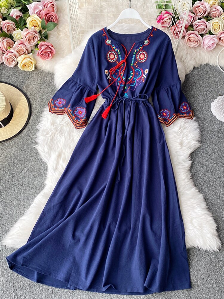 Women Embroidery Lacing Long A-line Dress