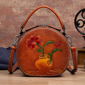 Women Vintage Genuine Leather Embossed Circular Handbags