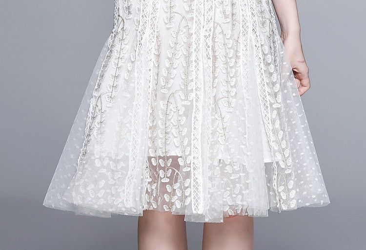 Women Mesh Embroidery Vestidos Midi Dress