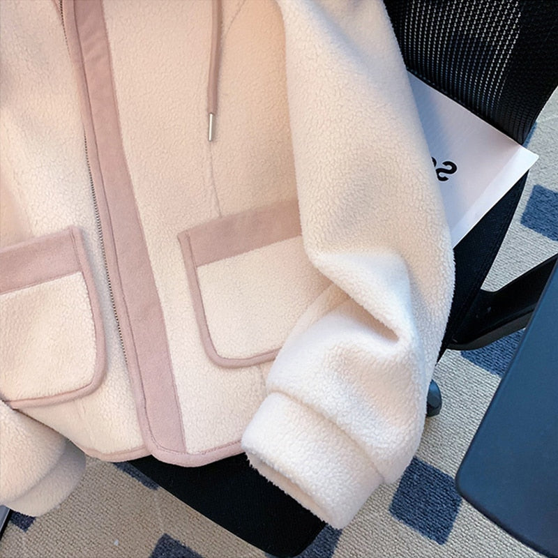 Women Patchwork Design Thick Plush Hoodies Coat