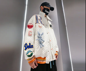 Men Hip Hop Waffle Plaid Jacket Streetwear Embroidery Label Coat