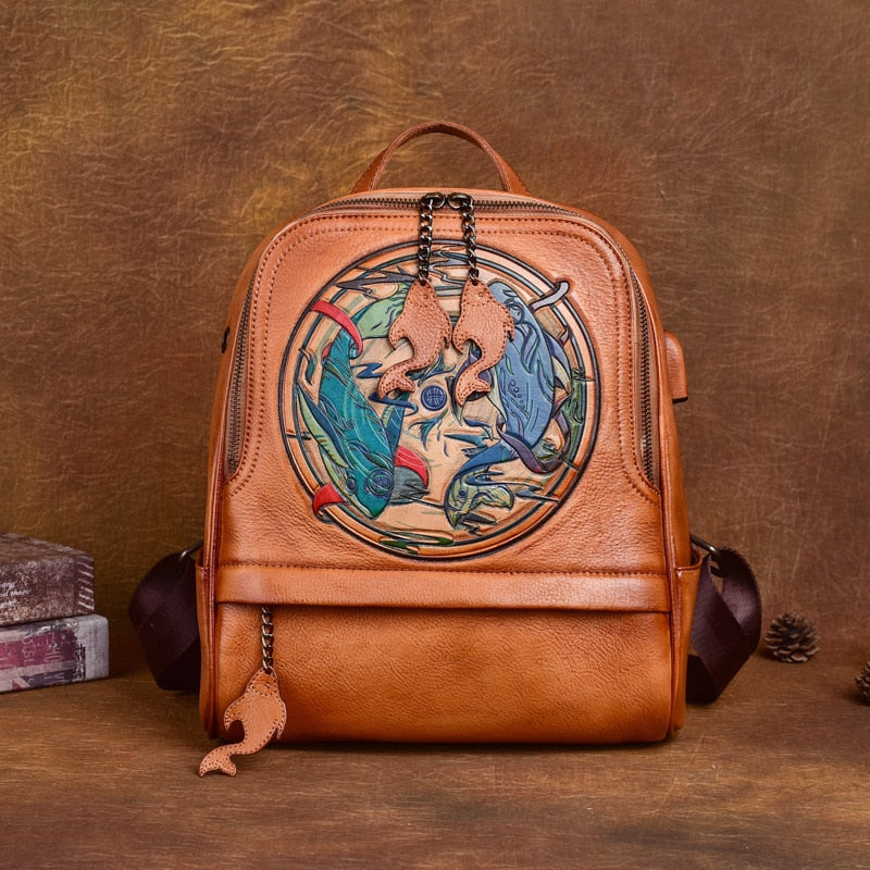 Women Vintage Genuine Leather Handmade Embossed Backpack