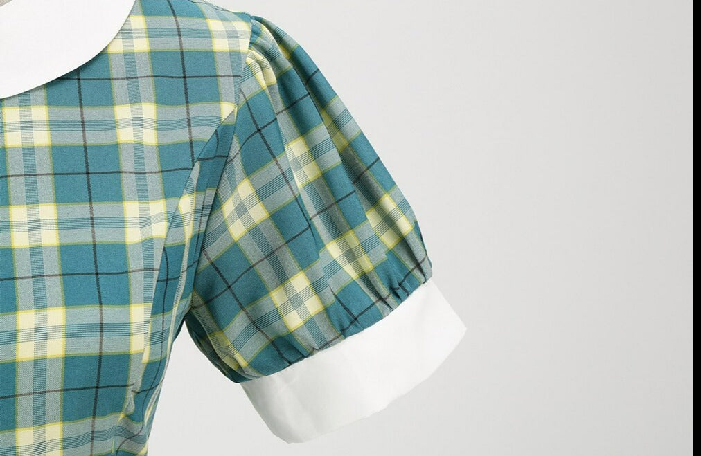 Women Hepburn Short Sleeve Vintage Retro Plaid Dress