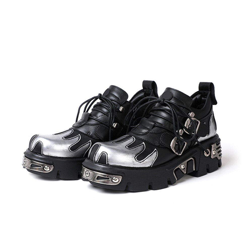 Unisex Vintage Gothic Flame Carved Leather Rock Metal Niche Shoes