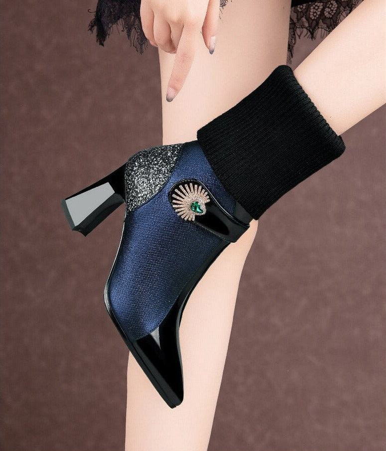 Women Rhinestone Leather Mid Calf Boots