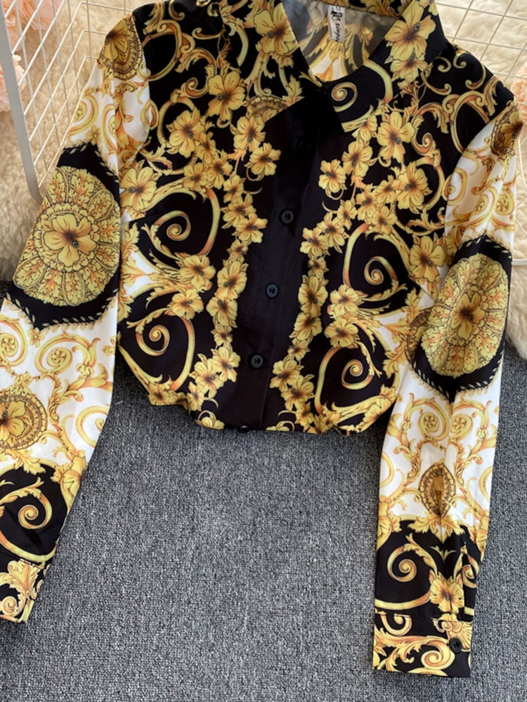Women Bohemian Retro Turn-down Collar Shirt