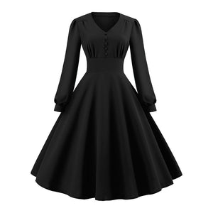 Women Vintage Bishop Sleeve V-Neck Swing Dress