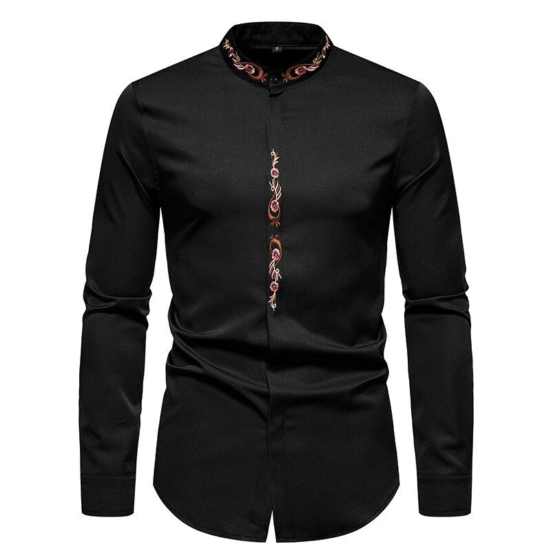 Men Embroidered Long Sleeve Slim Casual Shirt