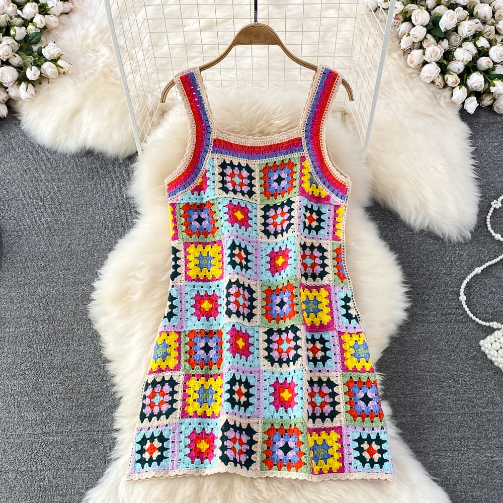 Woman Crochet Floral Strap Plaid Dress