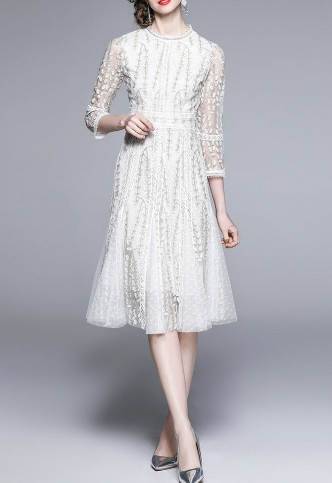 Women Mesh Embroidery Vestidos Midi Dress