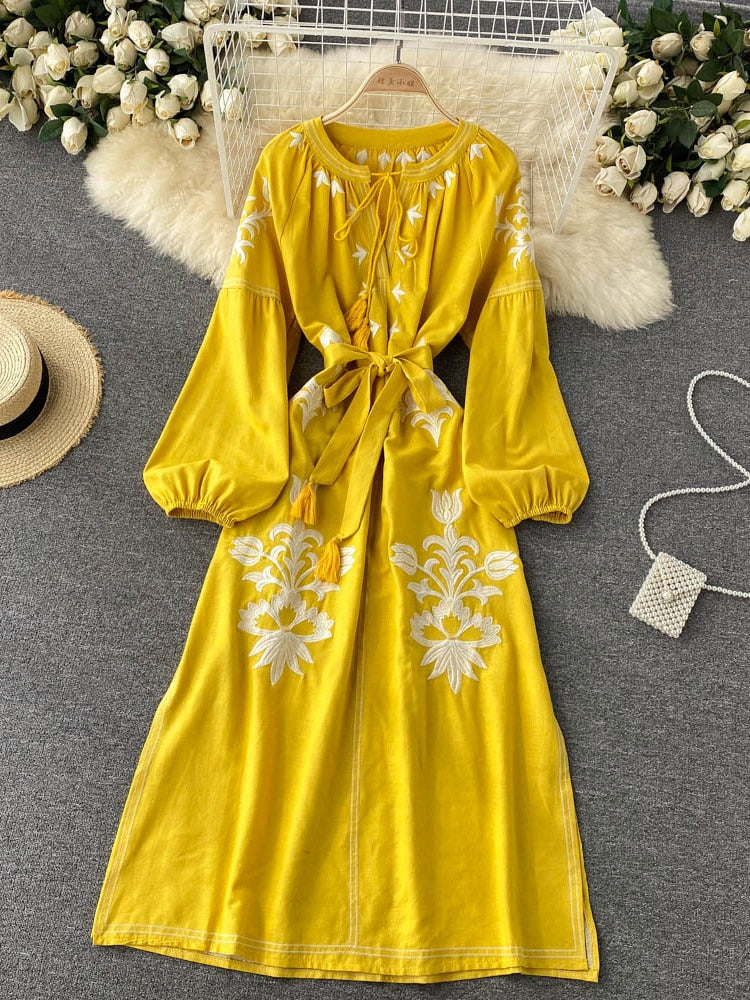 Women Embroidered V-neck Tie Split Retro Dress