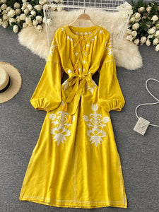 Women Embroidered V-neck Tie Split Retro Dress