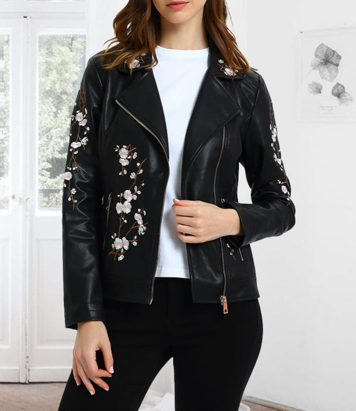 Women Floral Embroidery PU Leather Moto Biker Jacket