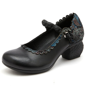 Women Retro Handmade Floral Genuine Cow Leather Shoes