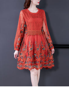 Women Mesh Embroidery Patchwork Vintage Lace Hollow Out Mini Dress