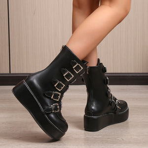 Women Heart Buckles Goth Platform Motorcycles Boots