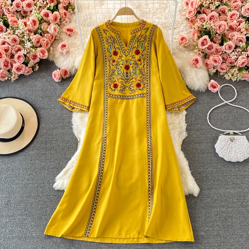 Women Embroidered Vintage V-Neck Dress