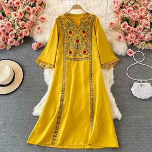 Women Embroidered Vintage V-Neck Dress