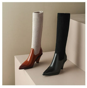 Women Knee-high Pointed Toe Elegant Splicing Boots