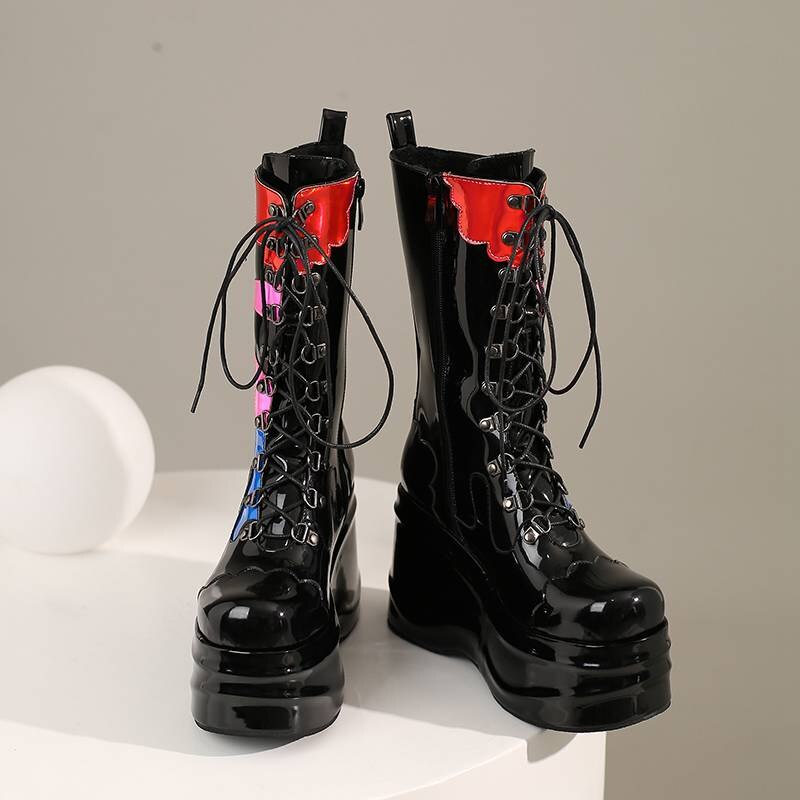 Women Round Toe Thick Heels Zipper Lace-up Boots