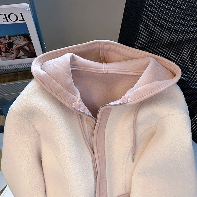 Women Patchwork Design Thick Plush Hoodies Coat