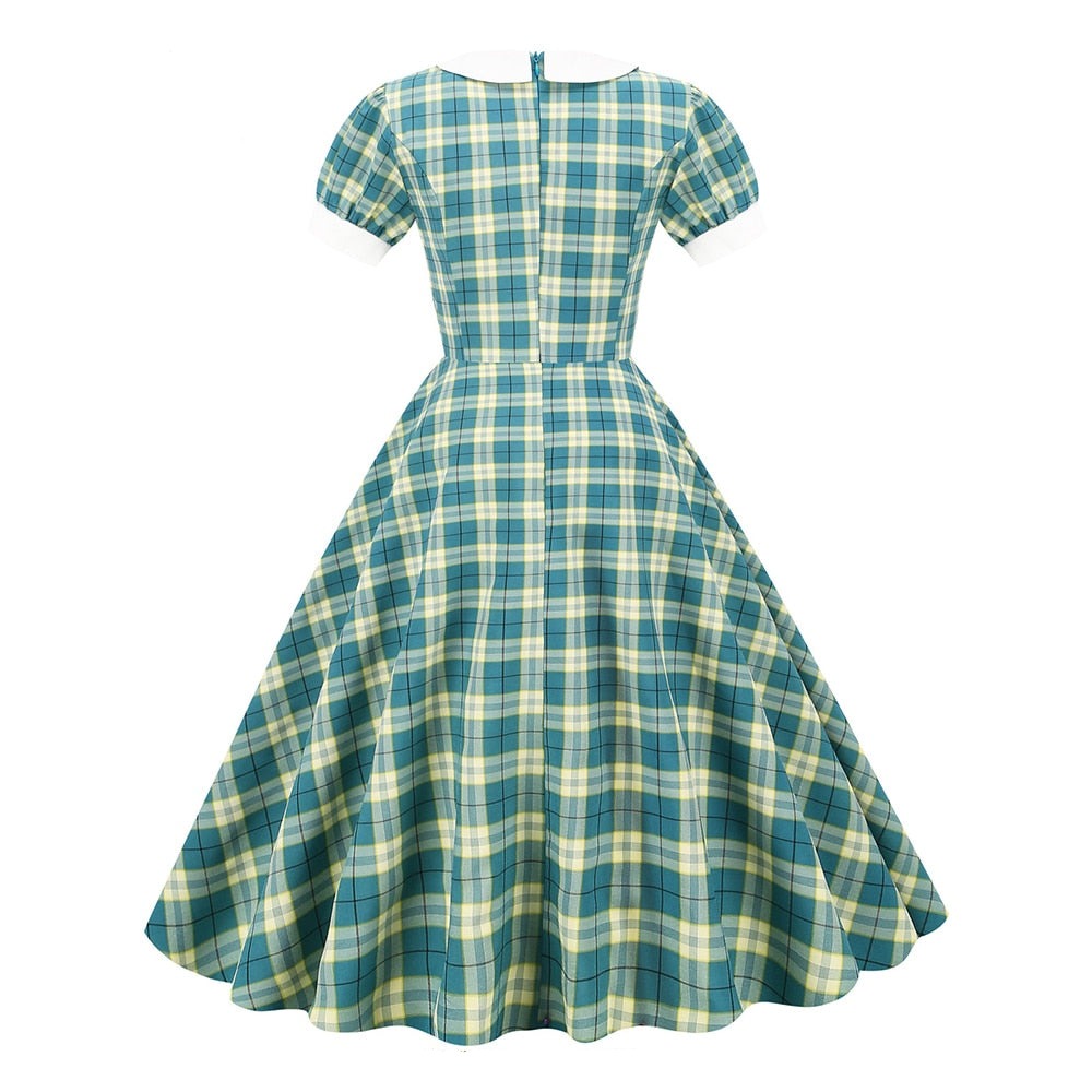 Women Hepburn Short Sleeve Vintage Retro Plaid Dress