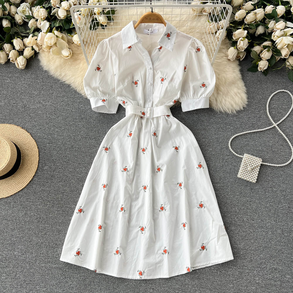 Women Floral Embroidery Belted Dress