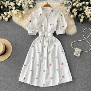 Women Floral Embroidery Belted Dress