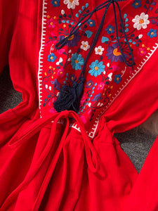 Women Retro Embroidered Slim Lantern Sleeves Dress