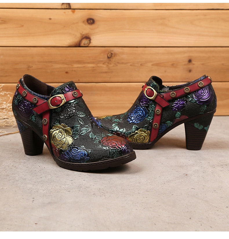 Women Retro Zip Round Toe Handmade Leather Shoes