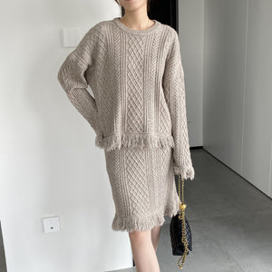Women Tassel Sweater Pullover Knitted Skirt 2 Pieces Sets