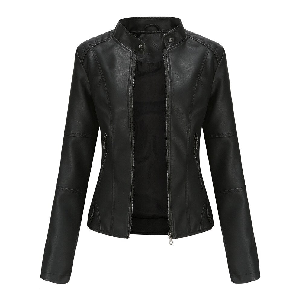 Women Slim Stand Collar PU Leather Coat Solid Outwear Jacket