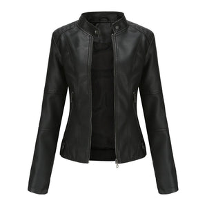 Women Slim Stand Collar PU Leather Coat Solid Outwear Jacket