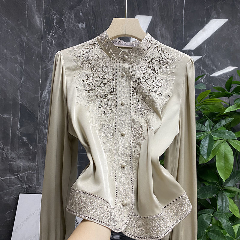 Women Embroidery Vintage Blusas De Mujer Stand Collar Blouse