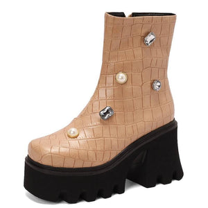 Women Mid-Calf Chunky Platform Rhinestone Boots