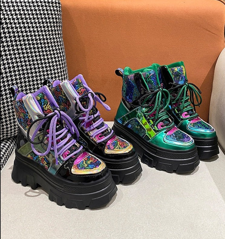 Women High Top Bling Chunky Ankle Motorcycle Boots