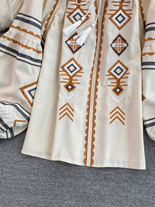 Women Retro Loose Embroidery Pullover Shirt
