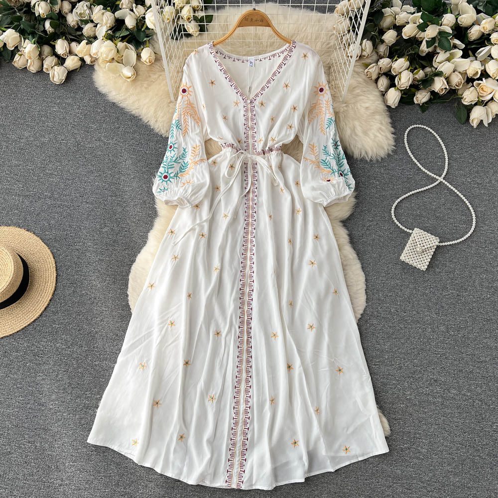 Women Bohemian Embroidery Lace Up Vestidos Dress