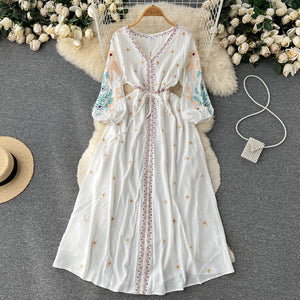 Women Bohemian Embroidery Lace Up Vestidos Dress