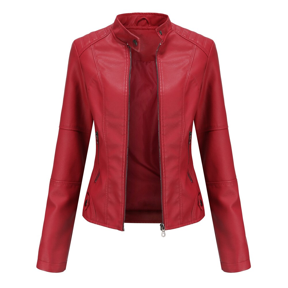 Women Slim Stand Collar PU Leather Coat Solid Outwear Jacket