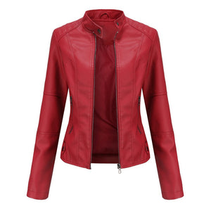 Women Slim Stand Collar PU Leather Coat Solid Outwear Jacket