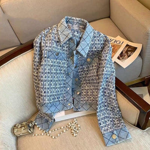Women Fragrance Tweed Coat Blue French Celebrity Temperament Denim Jacket