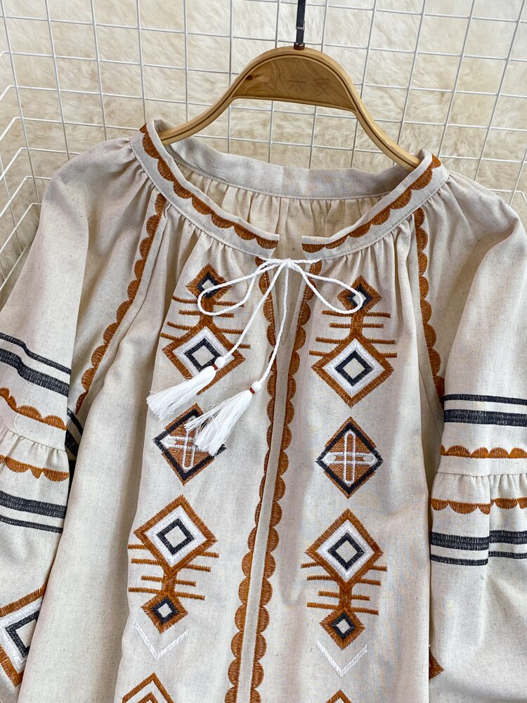 Women Retro Loose Embroidery Pullover Shirt