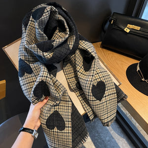 Women Cashmere Knitted Heart Plaid Scarf