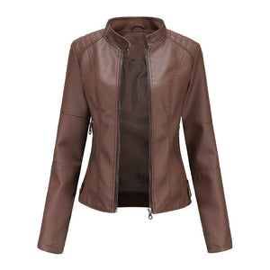 Women Slim Stand Collar PU Leather Coat Solid Outwear Jacket