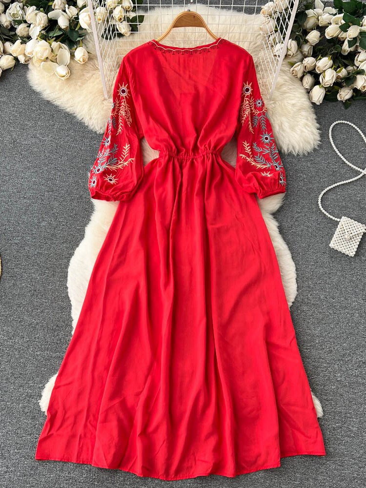 Women Bohemian Embroidery Lace Up Vestidos Dress