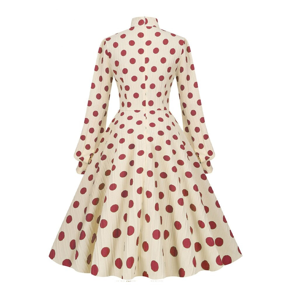 Women Vintage Bow Neck Polka Dot Elegant Midi Dress